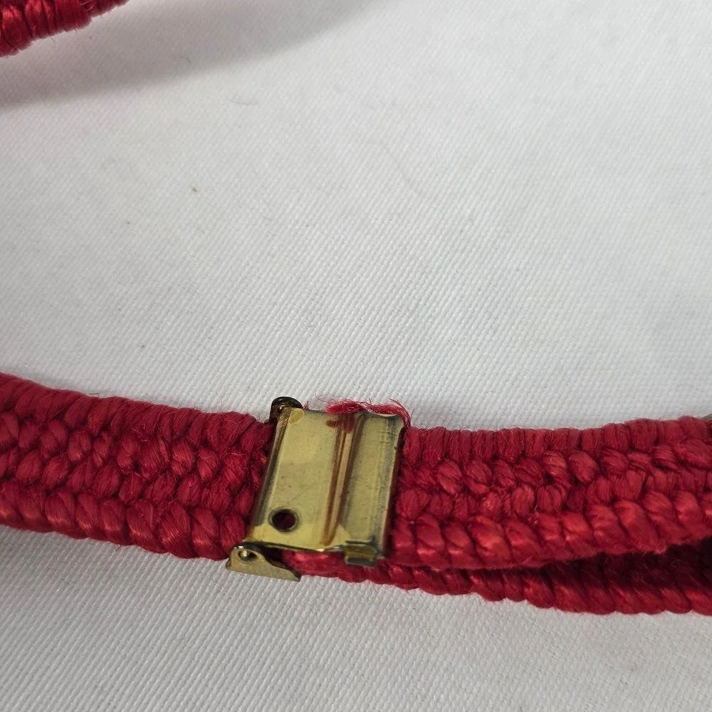 Vintage Red Woven Braided Skinny Belt Gold Horseshoe Buckle Adjustable Cinch‎